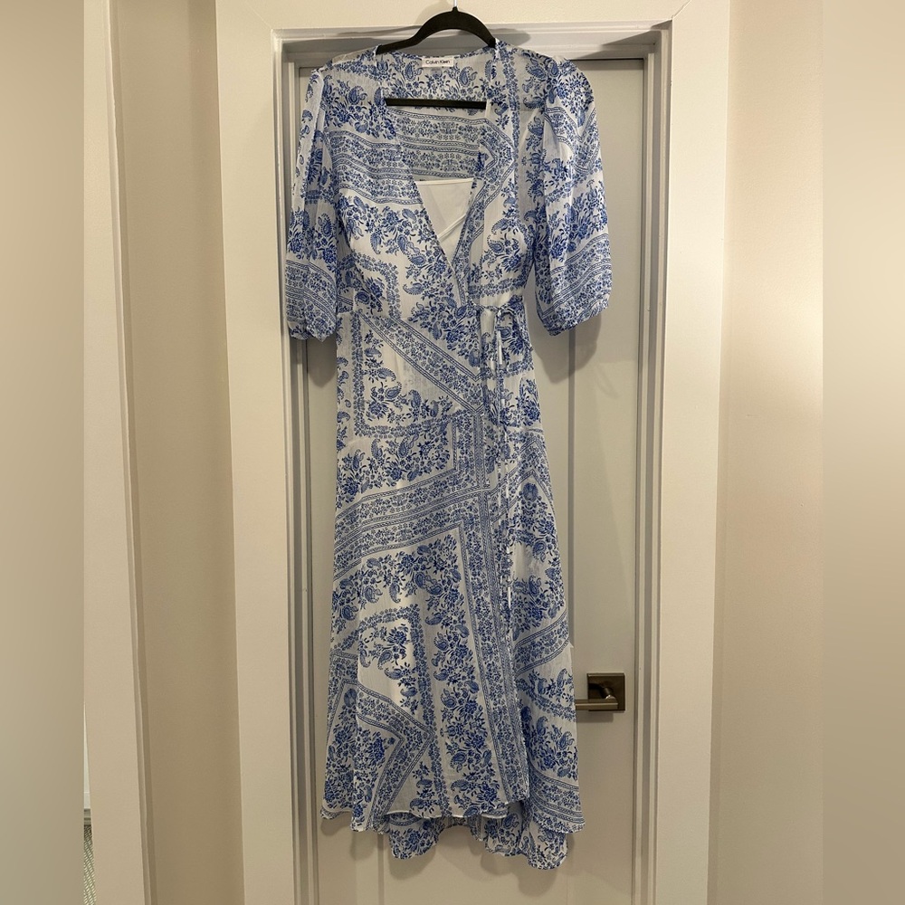 Calvin Klein Blue and White Wrap Maxi Dress Size 12